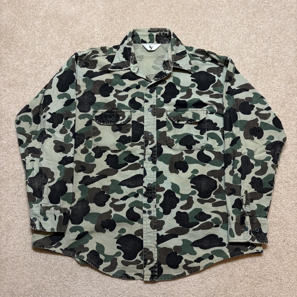 Vtg Black Duck Shirt Mens Large Multicolor Camo Canvas Button Up USA Hunting 70s